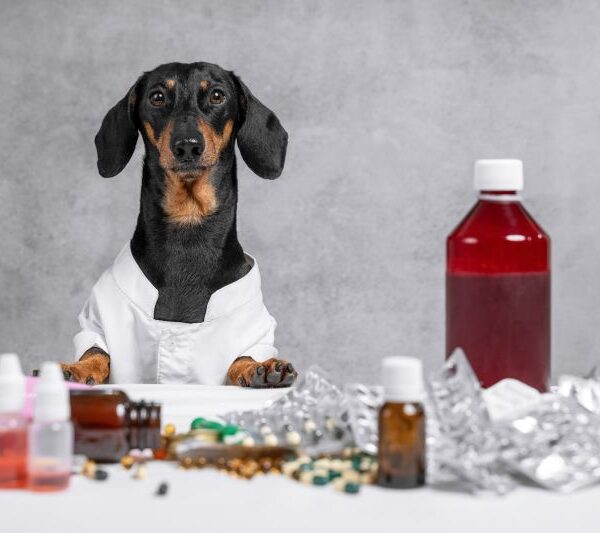 dachshund in doctor uniform with medicine and pills on table
